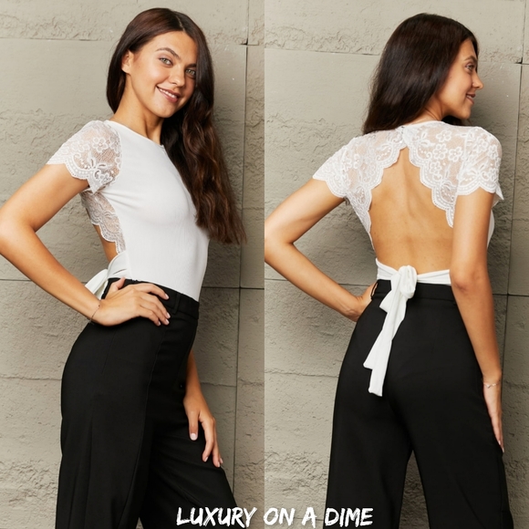 Lace Bodysuit Short Sleeve Scallop Shoulder Tied Waist Open Back One-piece White - Picture 5 of 8